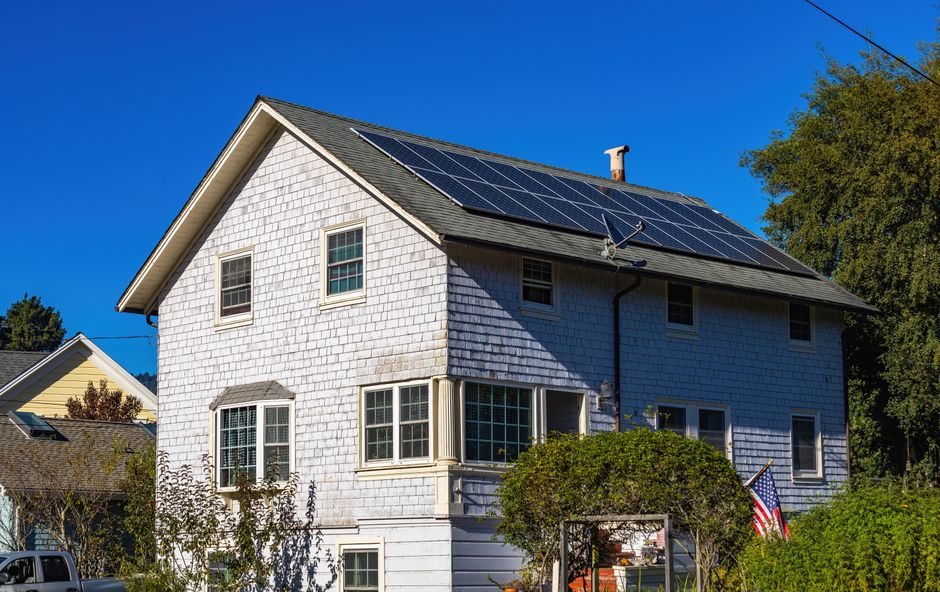 Home solar panels on a rooftop