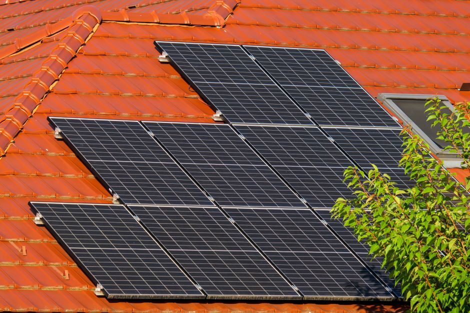 Home solar panels on a rooftop