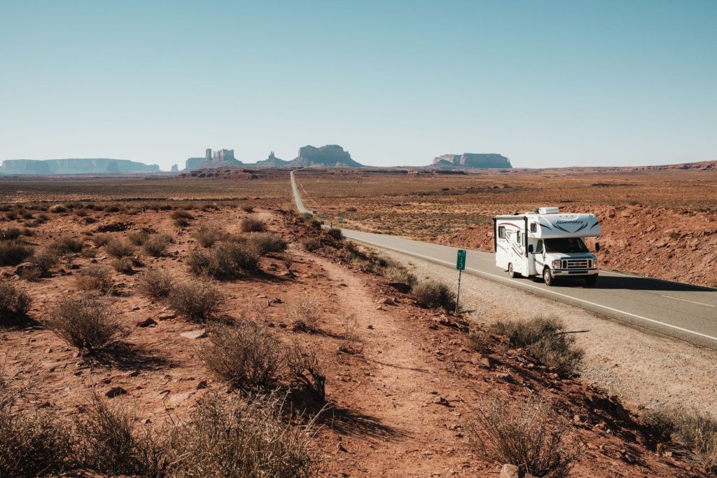 RV on a desert road trip