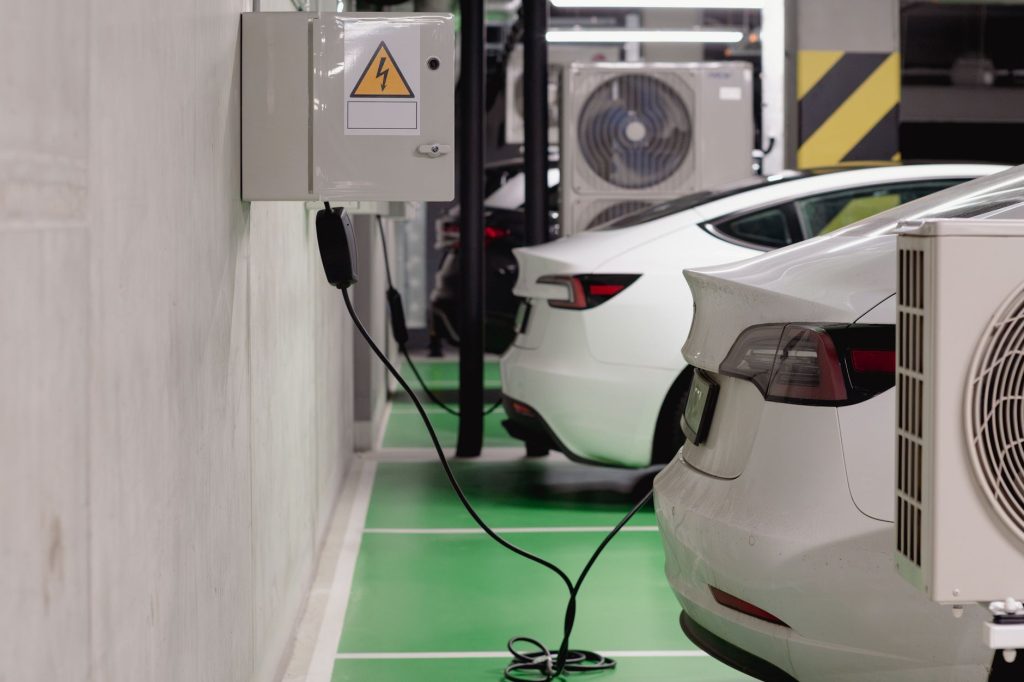 Level 2 home EV charger in a garage