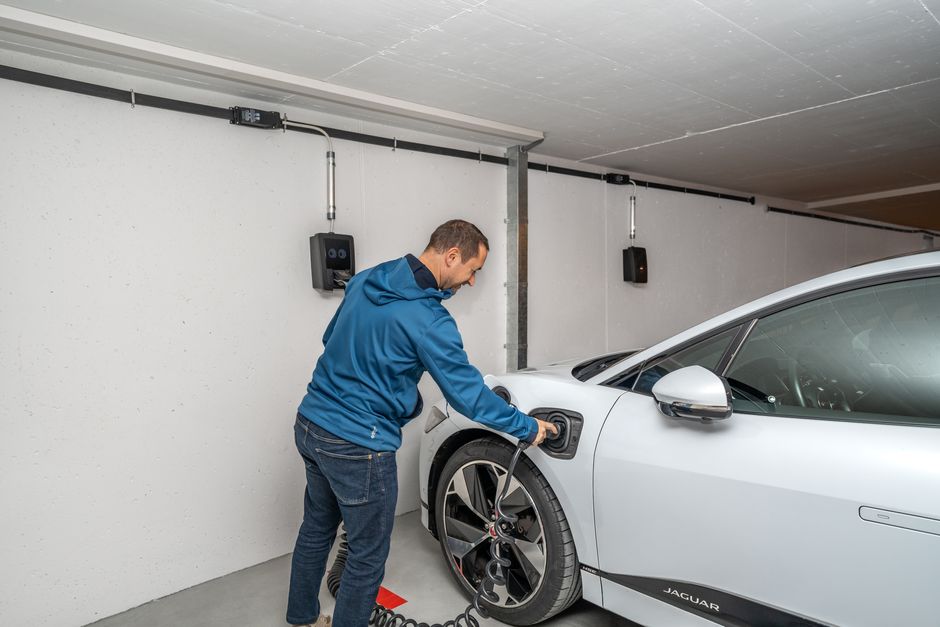 Level 2 home EV charger in a garage
