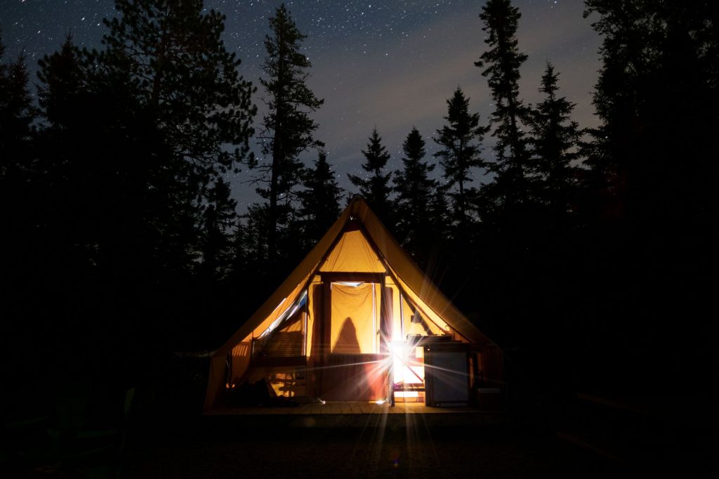Campsite with a campfire at night